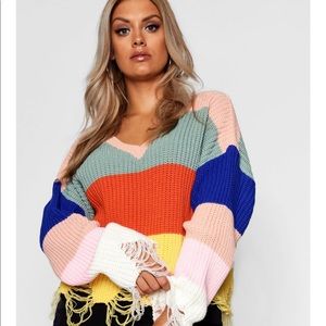 Boohoo Plus Striped Slouchy Raw Hem Jumper